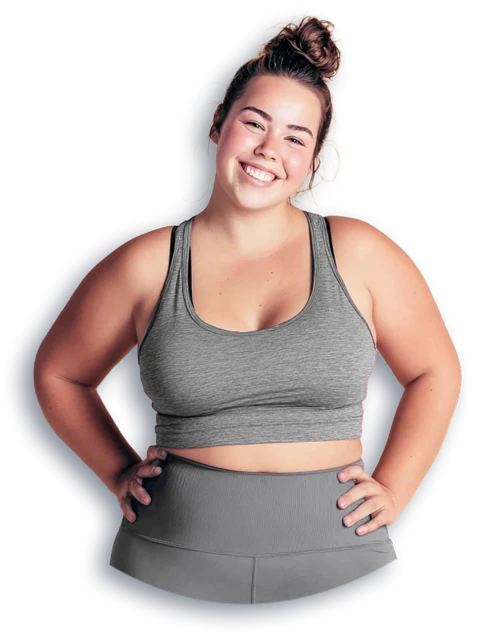 A smiling woman in activewear representing a TrimRx GLP-1 weight-loss program member